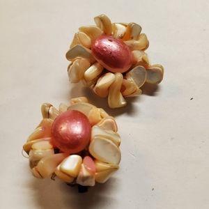 PINK MOTHER OF PEARL and Hand Painetd 1950's Clip earrings  Signed Japan